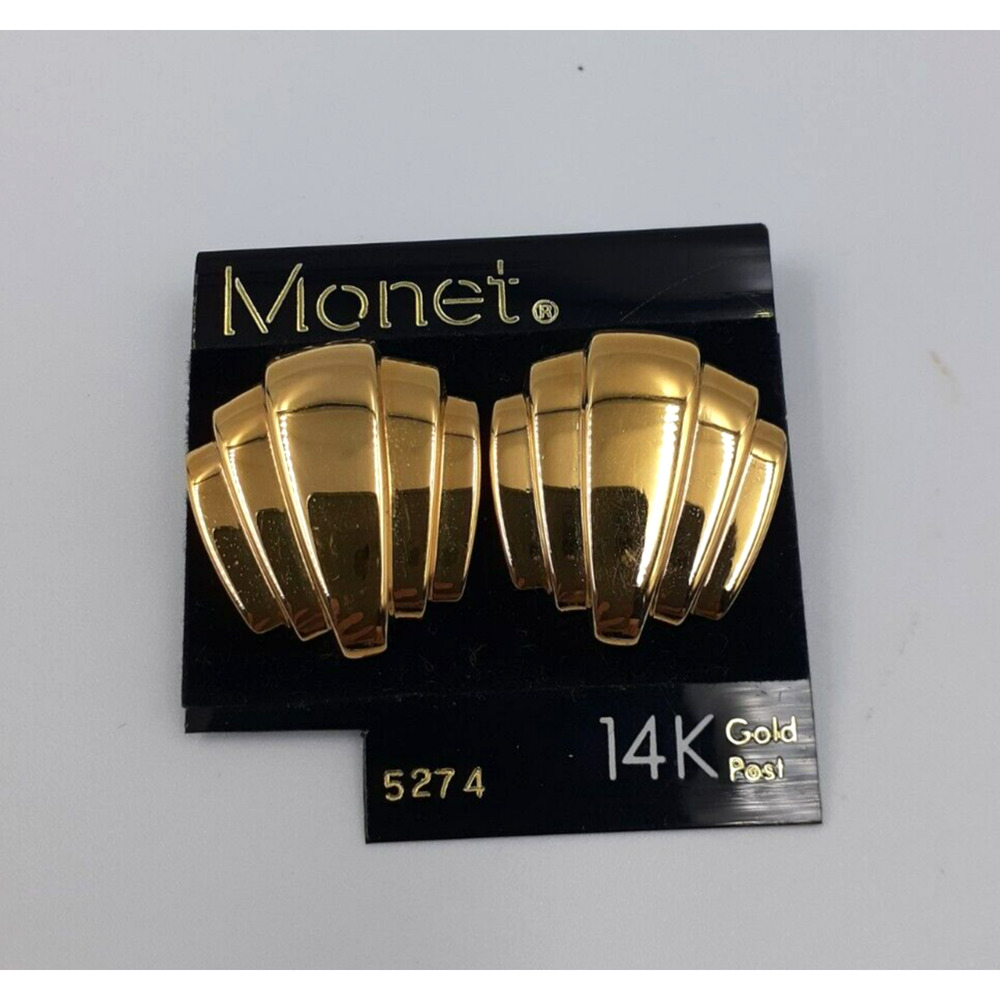 MONET Vintage Art Deco Stud Earrings Jewelry 14 KT Gold Post Women Signed NWT